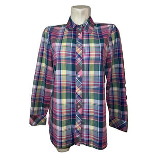 Talbots Top Women's Size M Pink Green Multi Madras Plaid Button LS Shirt Blouse